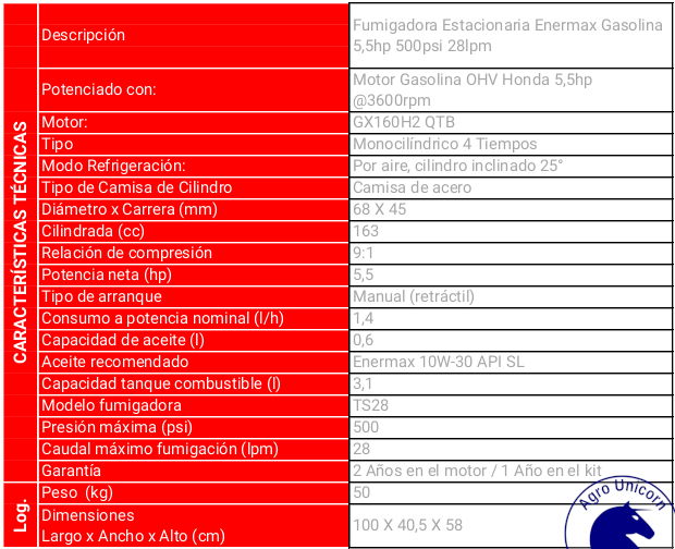 Fumigadora estacionaria gasolina Honda GX160-TS28 (100m manguera,lanza, mangueras de succión y retorno)