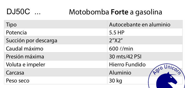 Motobomba autocebante aluminio gasolina Forte DJ50 (2x2-3.3KW-3600rpm-Hmax 25m-Qmax 130gpm-Garantía 3 meses)