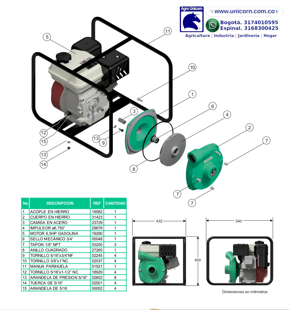 Motobomba alta presión gasolina Hiforce 1515HF6.5 (1.1/2x1.1/2-Hmax 65m-Qmax 84gpm-Garantía 3 meses)